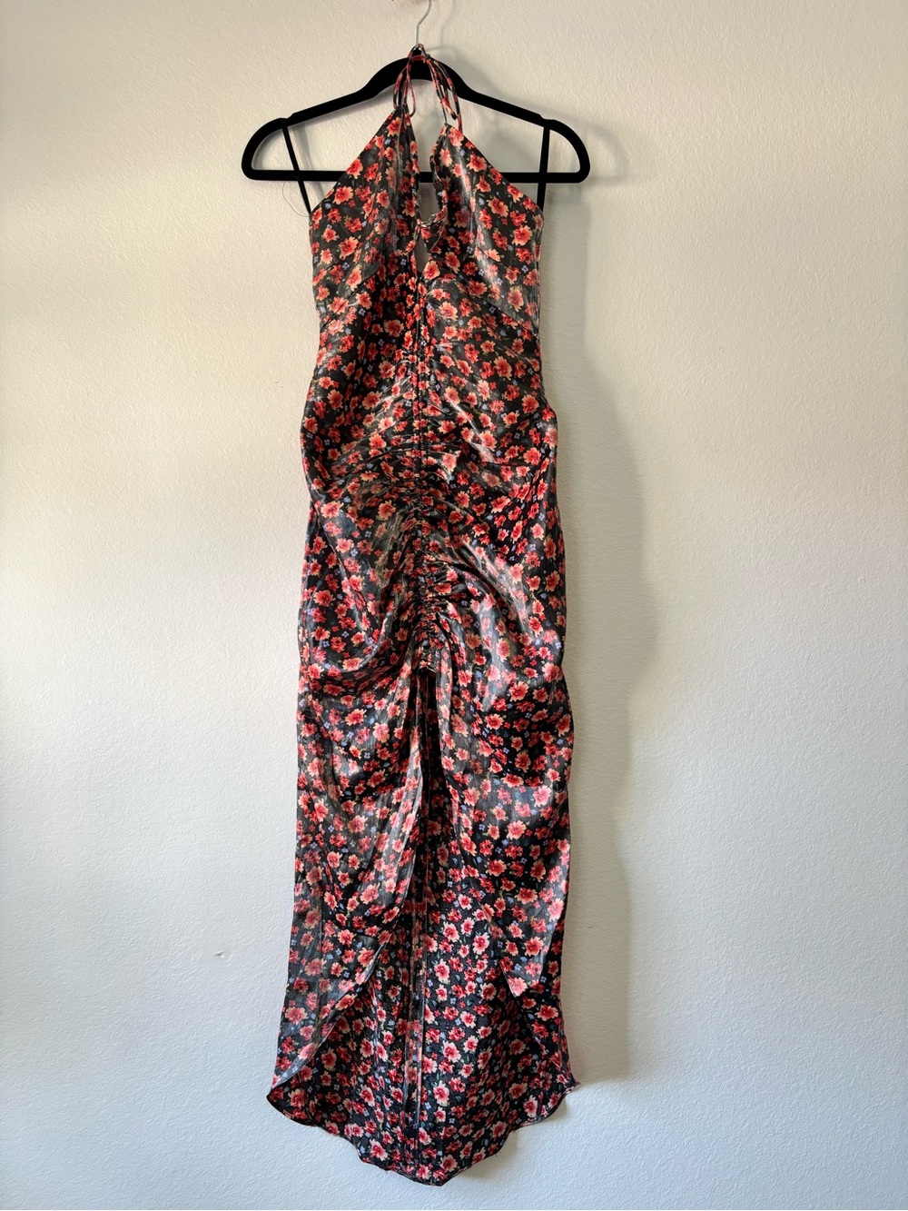 Ruched Halter Floral Maxi Jumpsuit in Black and Red